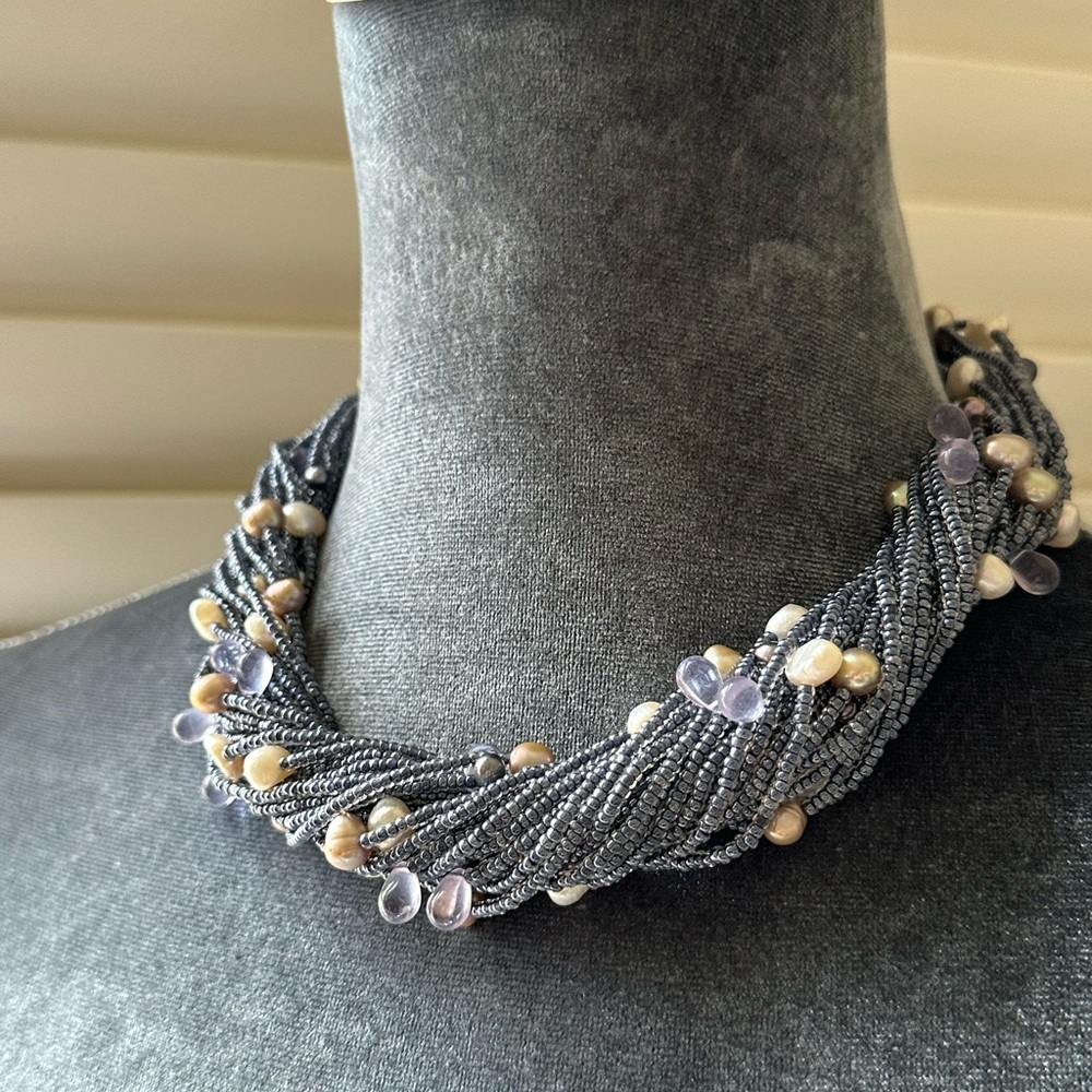Multi-Strand Necklace of Blue Seed Beads, glass Beads, and Pearls by Tanner
